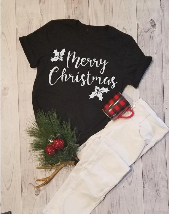 Осенние Топы Осенняя футболка с надписью Happy Christmas Partty женская унисекс