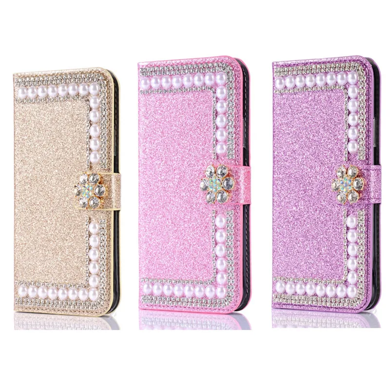 Блестящие Стразы Жемчуг Блестящий слот для карт Кожаный чехол книжка с откидной