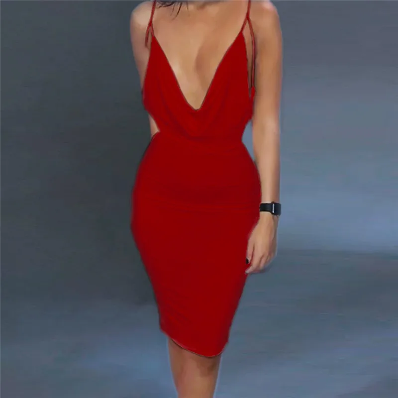 

Women sexy deep v neck spaghetti strap midi bodycon dress Black white yellow pink night party club frocks Lady dinner dresses