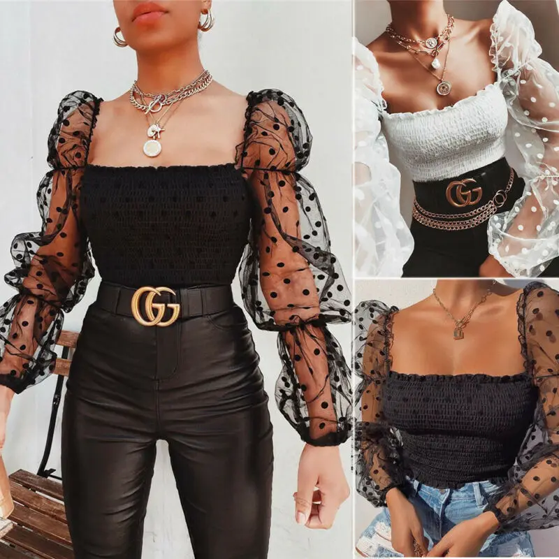 Женская блузка с квадратным вырезом летняя Дамская прозрачная сетчатая рубашка