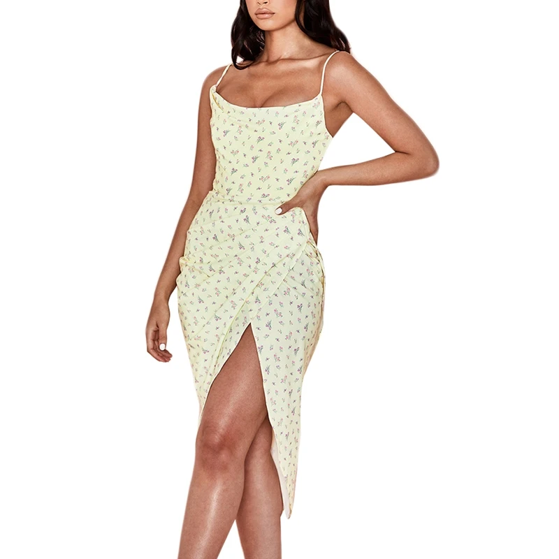 

Spring and Summer Floral Print Fashion Floral Pile Neck Split Sling Midi Skirt