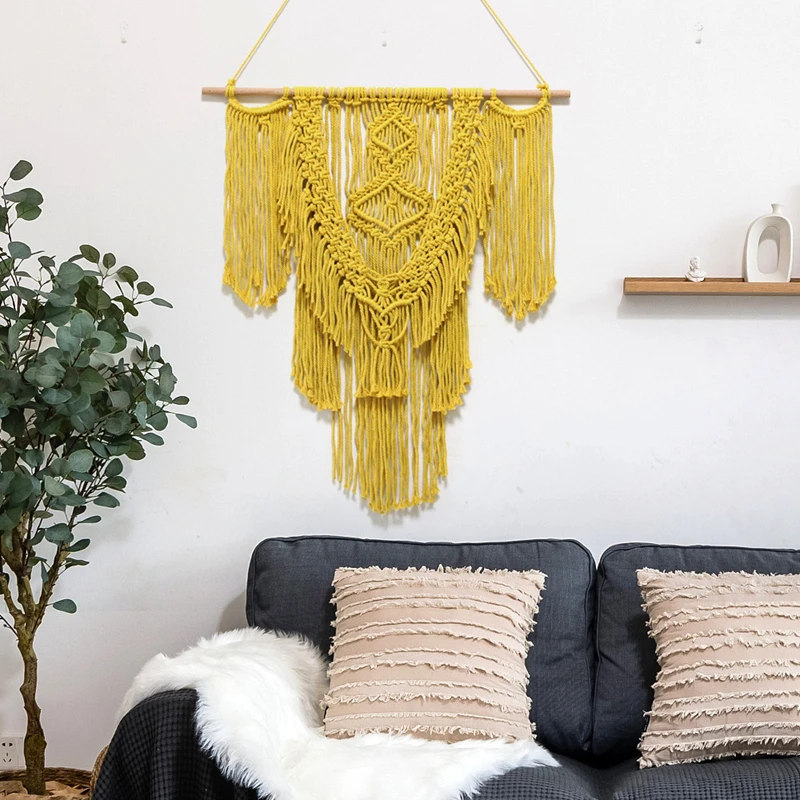

Wall Hanging Yellow Macrame Tapestry Bohemian Chic Home Background Decor for Bedroom Living Room Handwoven Flower Handicrafts