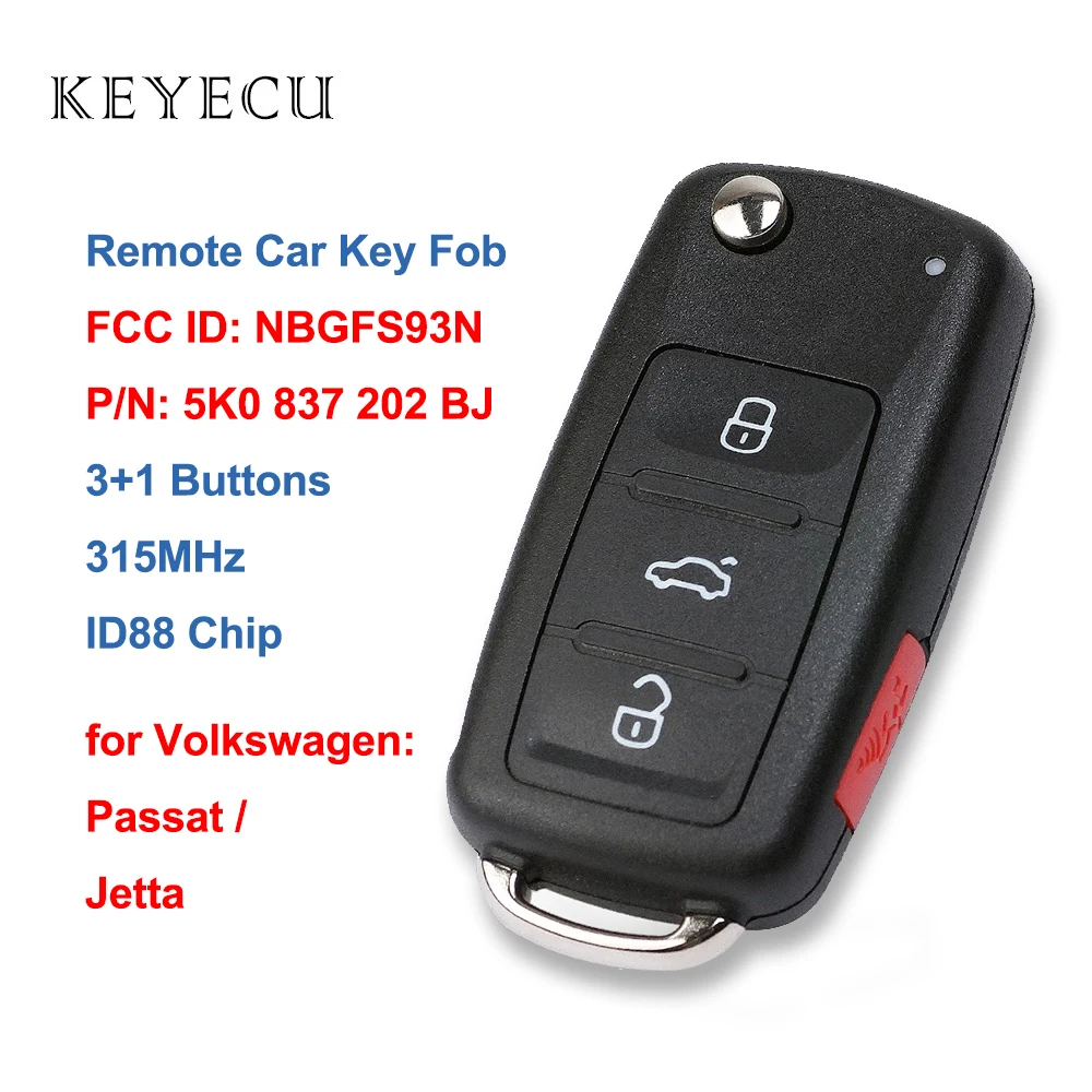 

Keyecu 5K0837202BJ Remote Car Key Fob 4 Buttons 315Mhz ID88 for Volkswagen VW Jetta Passat 2017 2018 NBGFS93N 5K0 837 202 BJ