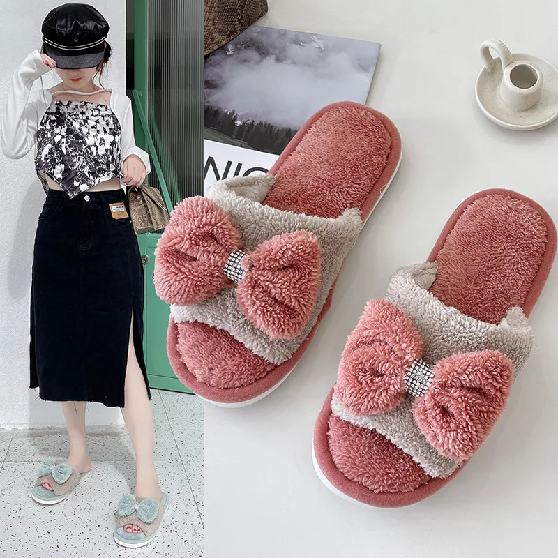 

Female Shoes Flock Plush Slippers For Adults Luxury Slides Butterfly-Knot 2021 Fur Massage Flat Designer Basic with fur Rubber B