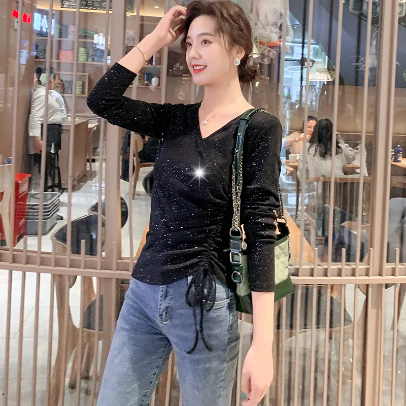 

2021 ранней весной новый натуральный хлопок для похудения с v-образным вырезом блестящий топ флэш шелк размера плюс женская универсальная руб...