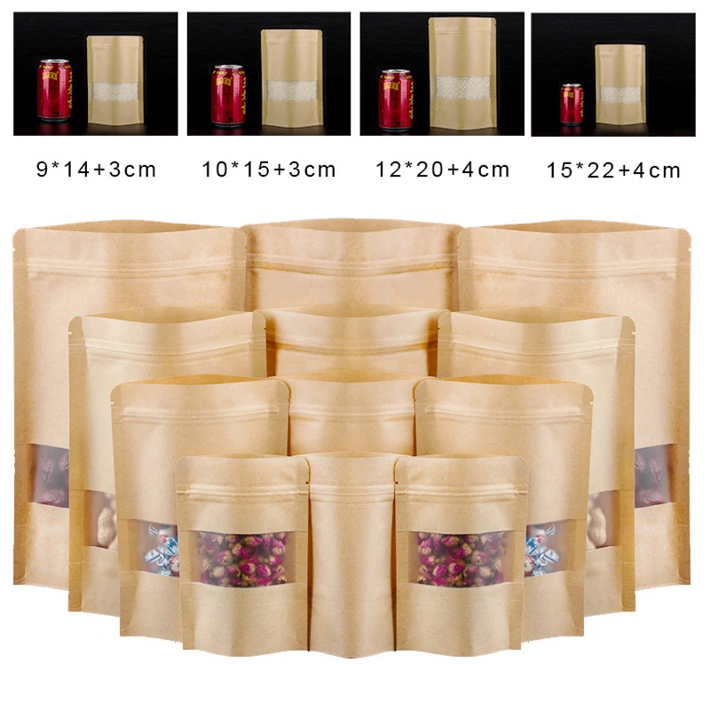

100pcs Packing Zip Kraft Paper Window Bag Stand Up Gift Dried Food Fruit Tea Packaging Pouches Zipper Self Sealing Bags