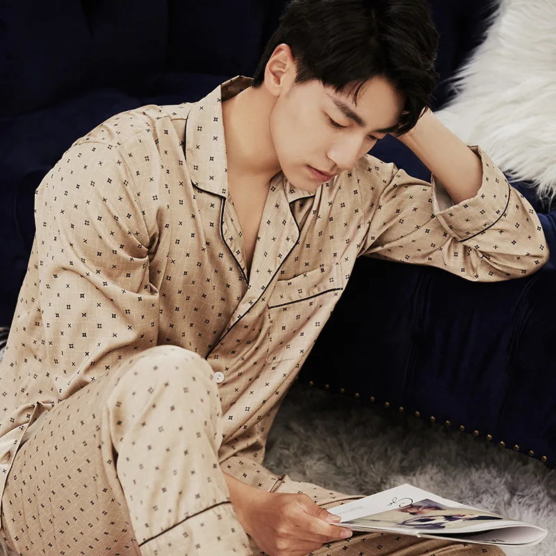 

Men Sleepwear 2PCS Pj's Sets Printed Pajamas Turn-Down Collar Loungewear Long Sleeve Shirt&Pants Suit Nightwear Home Clothes