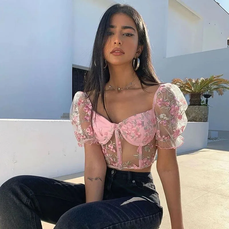 

Women's Mesh T-Shirt Pink Crop Top Y2k Short Sleeve Tops Flowers Embroidery Clothing 2021 Female Graphic Tee Summer Corset New