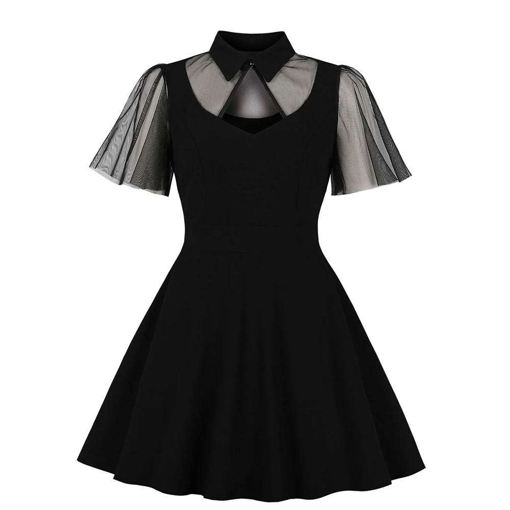

Gothic Punk Black Dress Hollow Out Mesh Patchwork Big Swing Mini Dresses Short Sleeves Summer Flare Jurken Rockabilly Vestidos