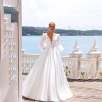 simple chiffon satin stitching wedding dress sexy v neck a line long sleeve floor length backless sash bridal gowns 2021