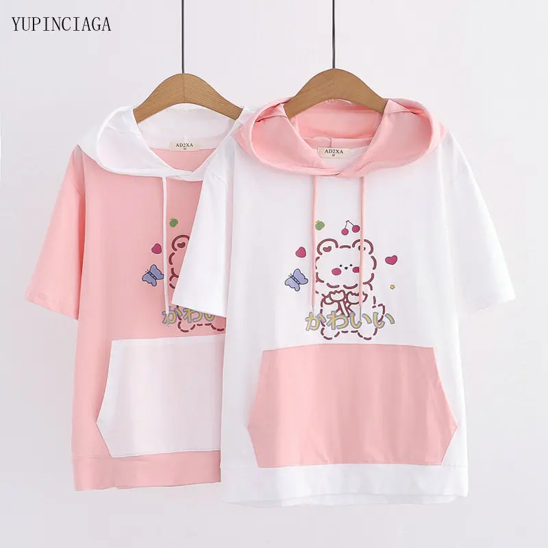 

2021 Summer New Women Sweet Cartoon Print Color Matching Cotton Hooded Harajuku Loose Short Sleeve T-shirt Female Tops