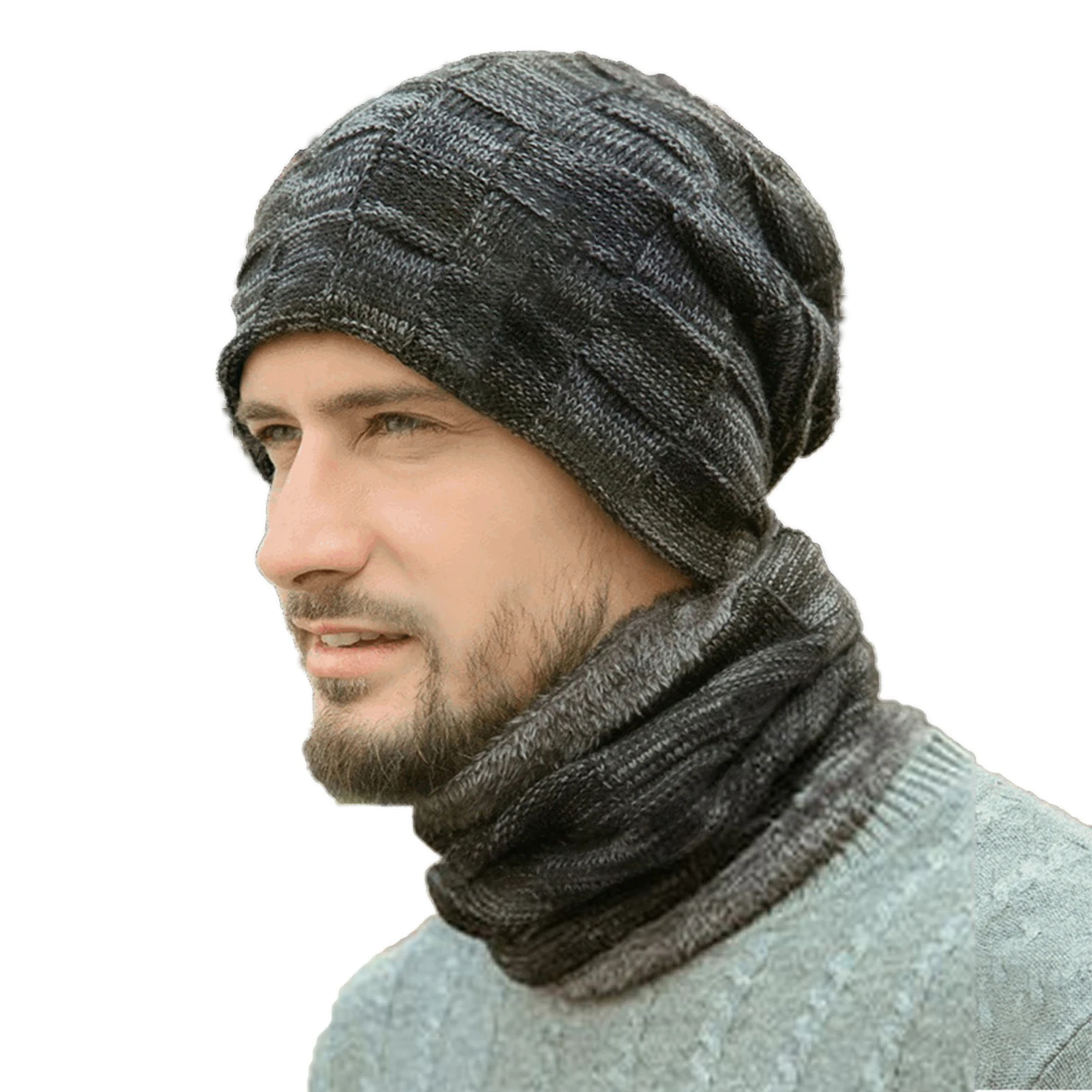 

2Pcs/Set Men Winter Knitted Soft Plush Lining Beanie Hat Cap Scarf Neck Warmer