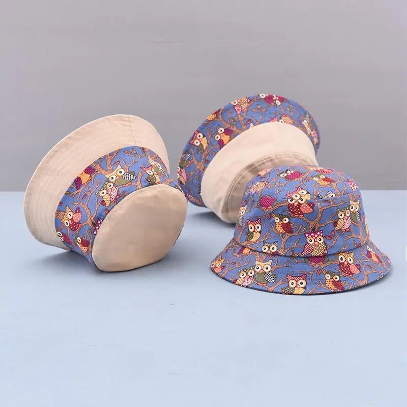 

2021 cotton Cartoon Owl Print Bucket Hat Fisherman Hat Outdoor Travel Hat Sun Cap Hats for Child Boy and Girl 23