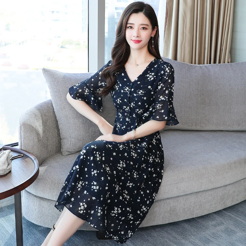 Шифоновое платье средней длины с цветочным принтом Летние Повседневные Вечерние