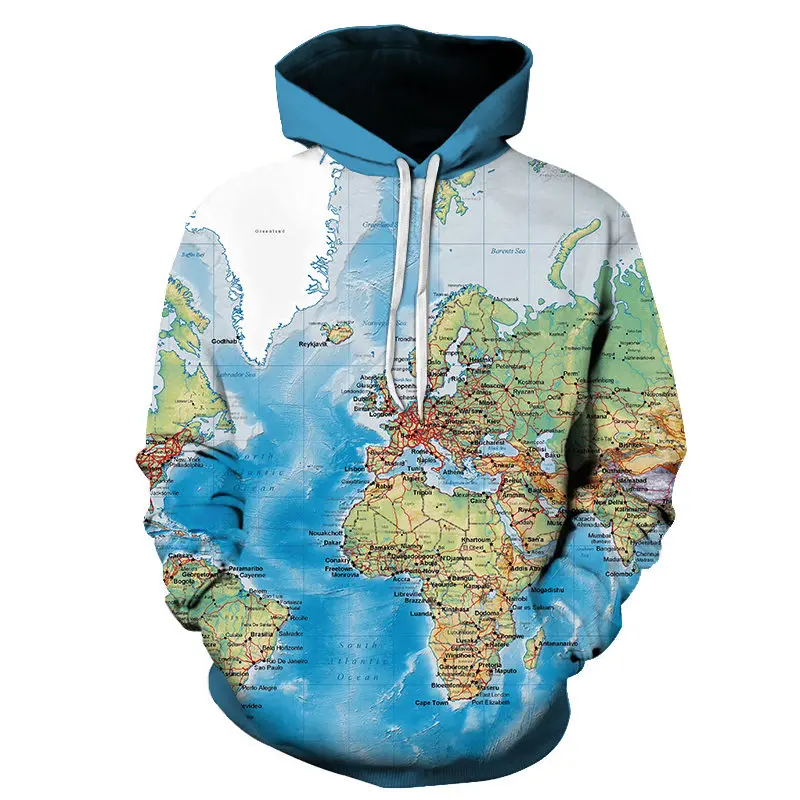

New Men's 3D Hooded Sweatshirt Fashion World Map Digital Printed Sweatshirt Spring and Autumn Wear