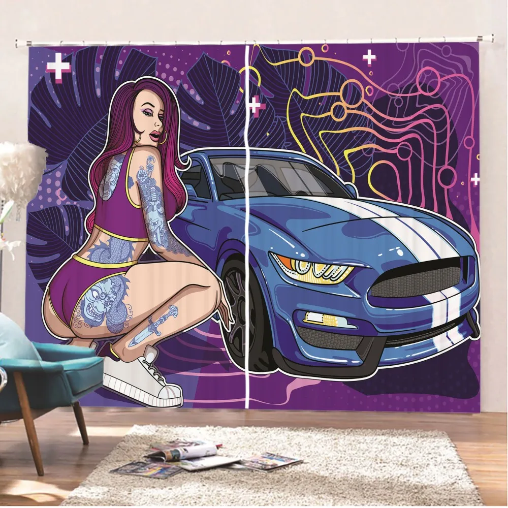 Гоночный автомобиль женщина окна шторы 2 панели экстремальный спорт обработка 3D