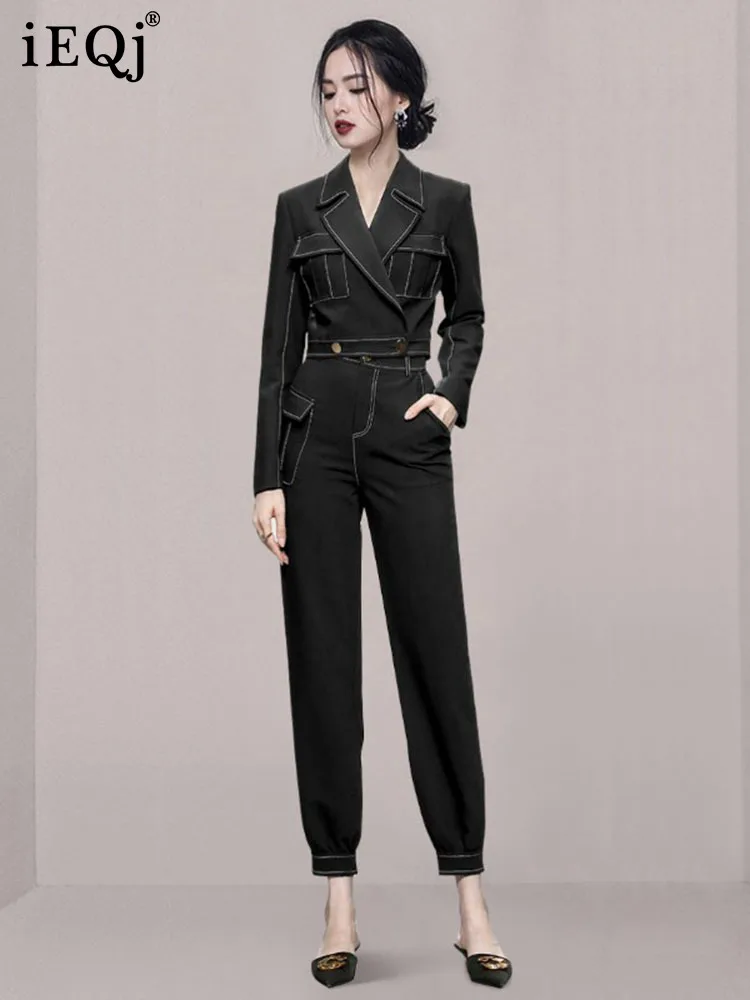 

Осень-зима 2021, новинка, Женский Топ IEQJ с отложным воротником и длинным рукавом, брюки с высокой талией, комплект из двух предметов, Женская мо...