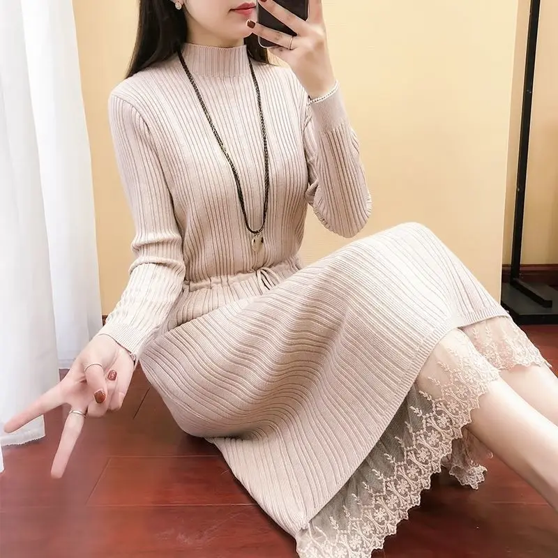 Винтажное кружевное повседневное модное платье свитер черного и коричневого