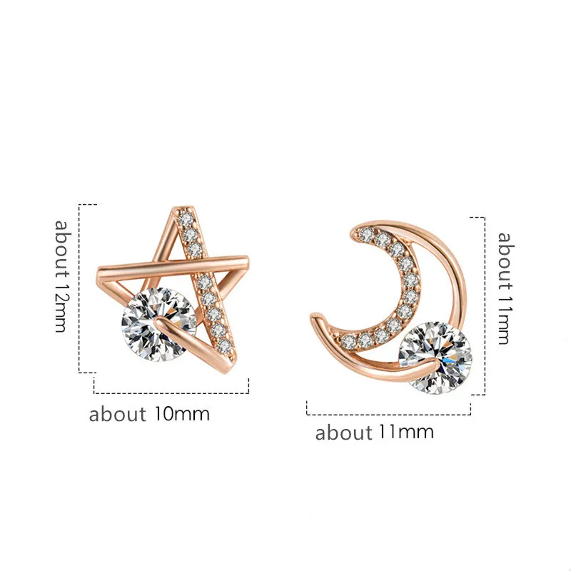 

New Asymmetric Hollow Star Moon Stud Earrings For Women Girls Zircon 925 Sterling Silver Earrings Party Wedding Accessories