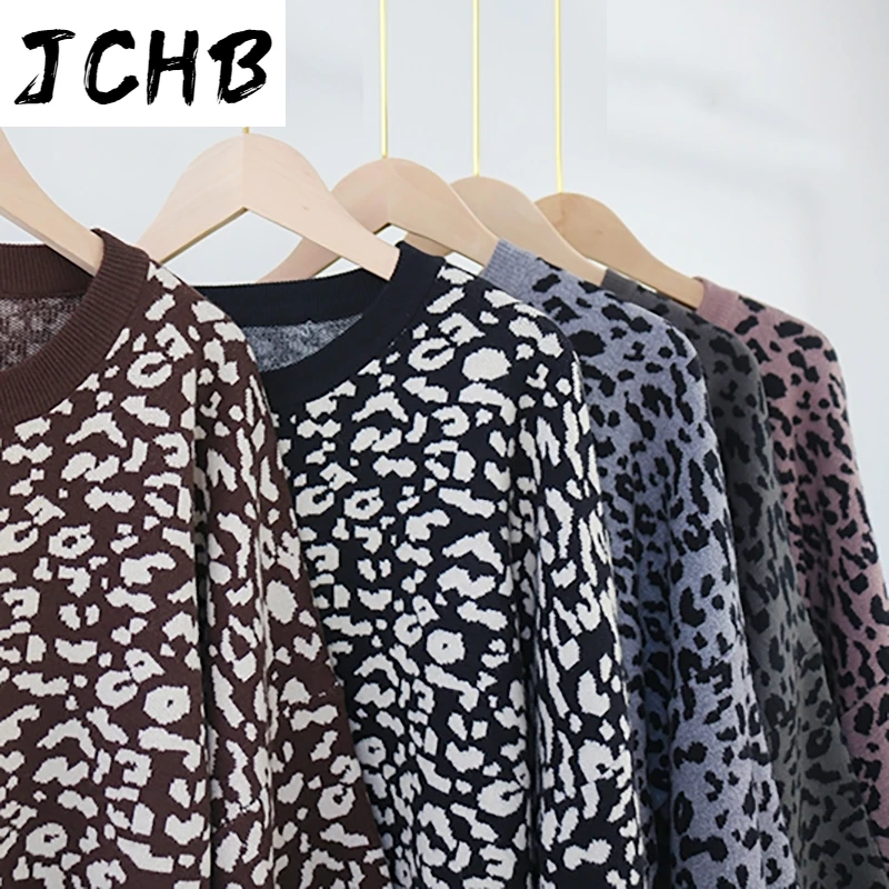 

JCHB Women Fashion Leopard Print Sweater Vintage O Neck Knitted Pullover Tops Casual Lantern Long Sleeve Jumper Autumn Winter