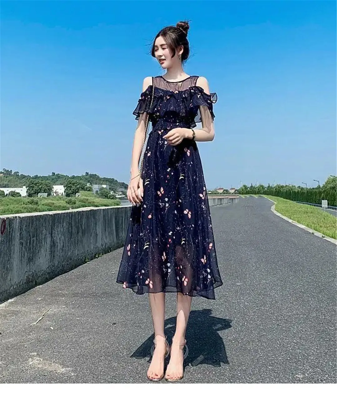 

Thin temperament plus size waist long skirt floral chiffon dress female summer 2021 new fashion strapless slim