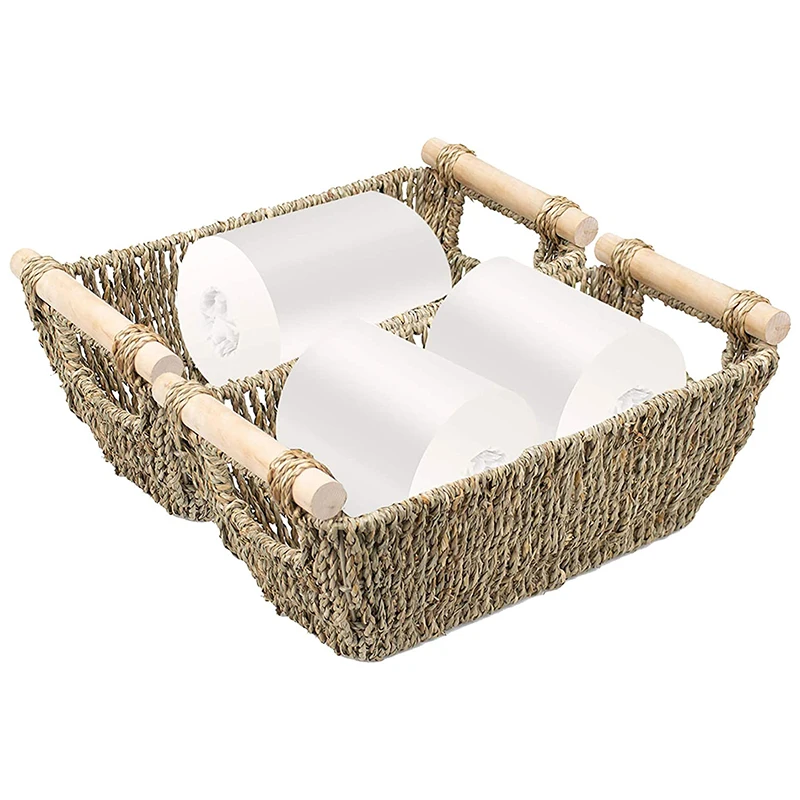 

2 Pcs Hand-Woven Wicker Baskets, Seagrass Storage Baskets with Wooden Handles, Perfect for Home Organization