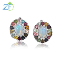 gz zongfa 925 sterling silver earrings for women oval natural opal multicolor tourmaline small flower silver fine jewelry