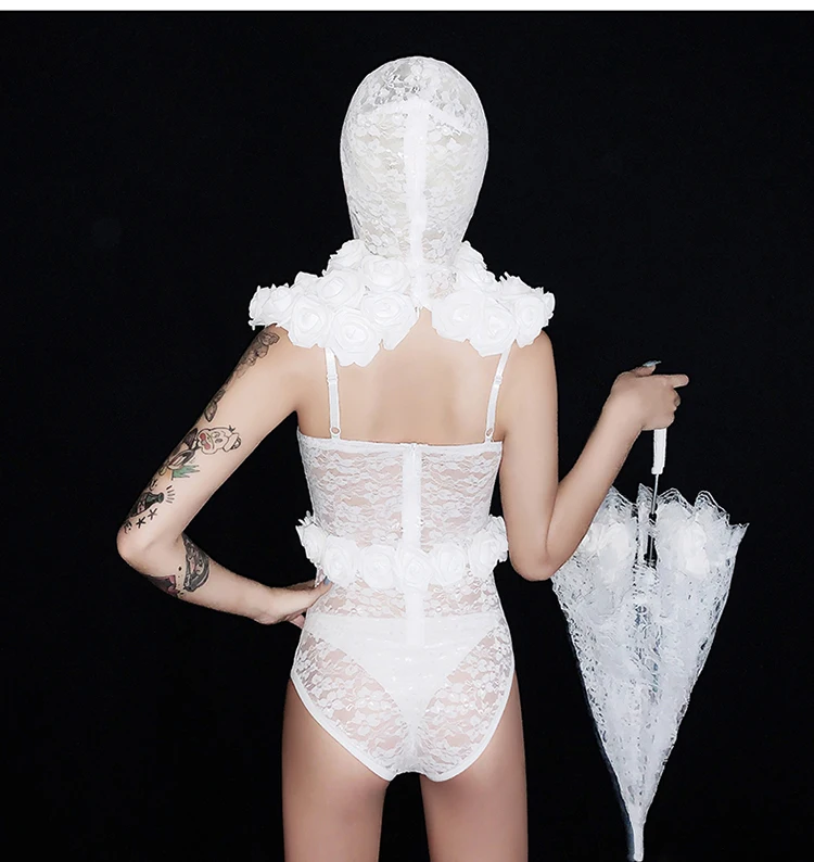 

Valentine's Day Bar Club Party Performance Clothes Sexy Leading Dance White Flower Mask Hat Lace Bodysuit Singer Stage Costume