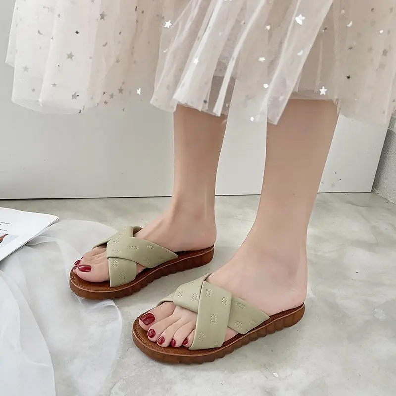 

Female Shoes Slippers Women Summer Low Slides Lady Fashion 2021 Soft Girl Flat Luxury Rome Rubber PU Basic Shoes Low Slippers Fl