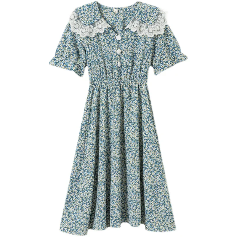 

Summer Floral Korean Women Elegant Fashion A-line Print Short Shirring Mid-calf Puff Sleeve Empire Peter Pan Collar Dress