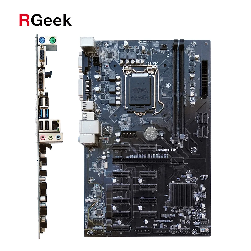 

Материнская плата RGeek B250 BTC для майнера, системная плата 12 PCI-E16X Graph Card SODIMM LGA 1151 DDR4 SATA3.0, поддержка VGA DVI для майнинга, Прямая поставка
