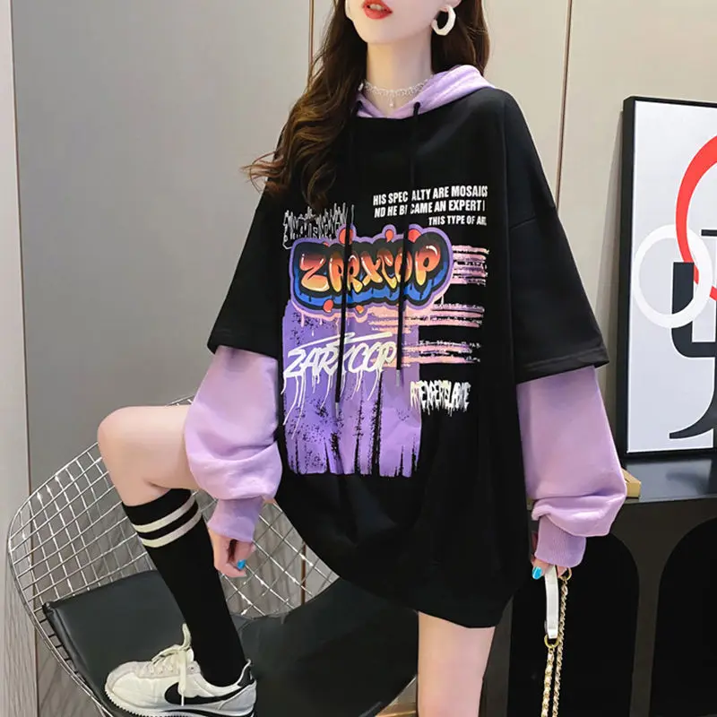 

Loose fake two-piece Sweatshirts women's hooded Top Streetwear Hip Hop Punk Fashion Clothes Kawaii Y2K Oversized hoodie Pullover