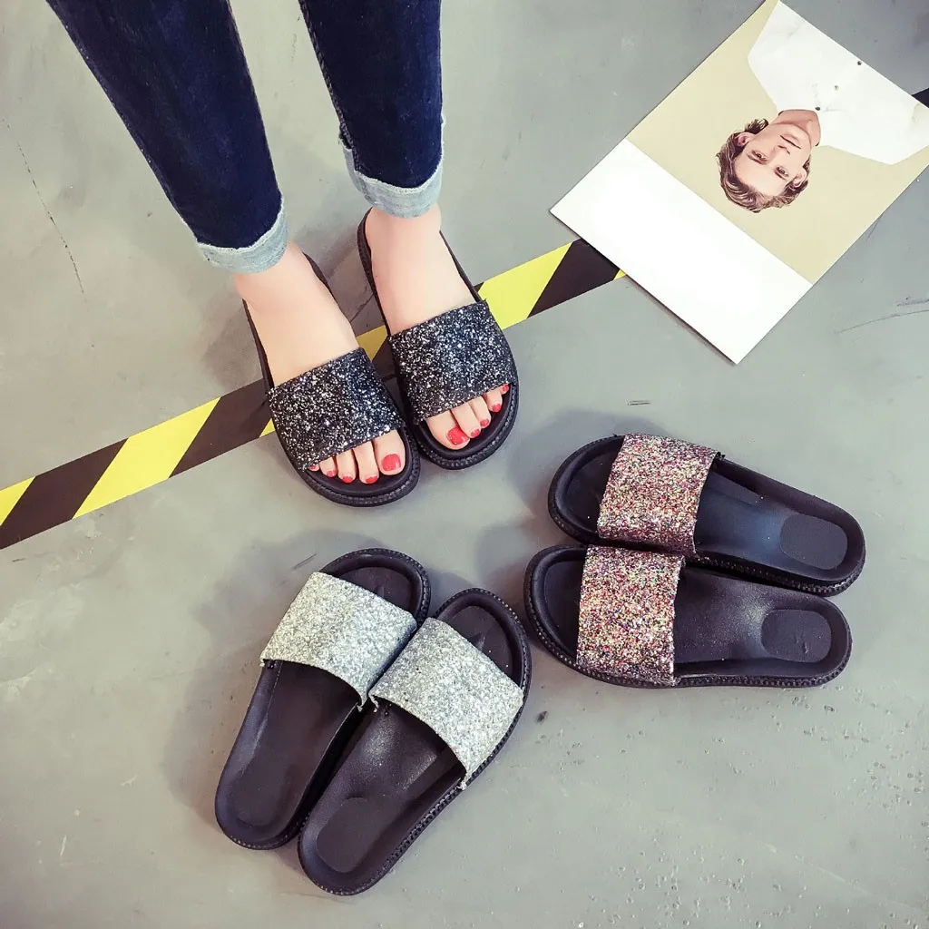 

2020 Women Summer Home Slippers Flip Flops Peep Toe Sandals Glitter Sandals Platform Ladies Shoes zapatos mujer