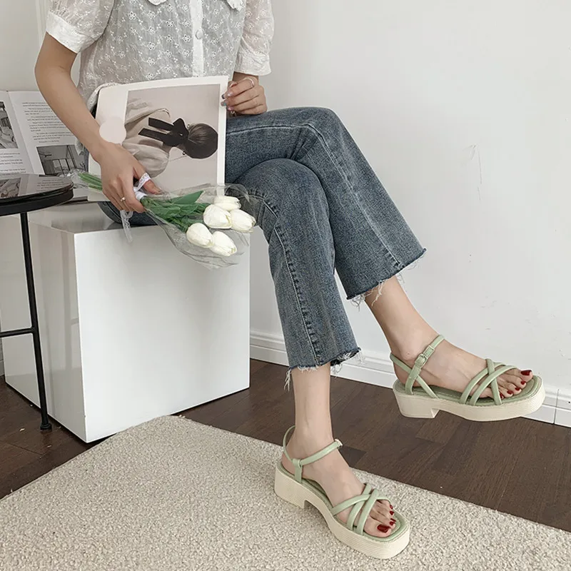

Beige Heeled Sandals 2021 Summer Female Shoe Buckle Strap Espadrilles Platform All-Match Med Black High Girls Block Velvet New L