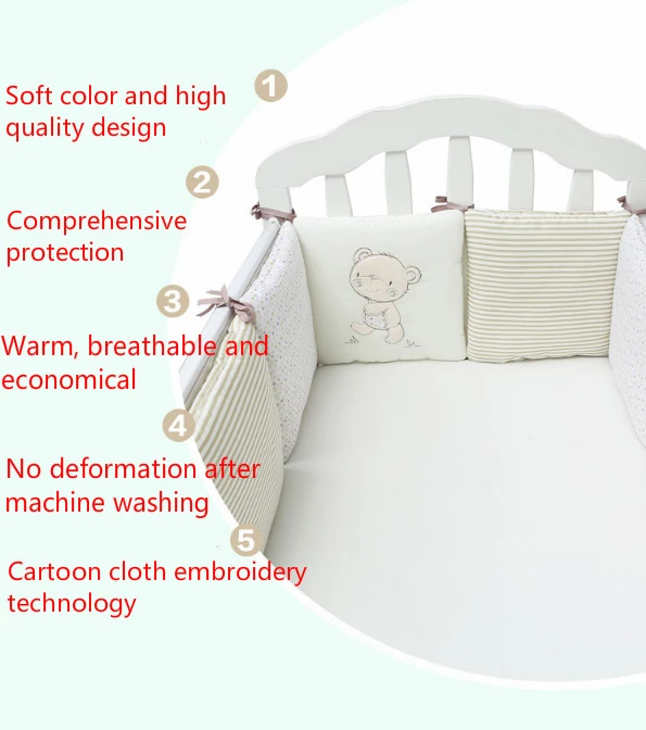 Набор из 6 защитных бортиков для кроватки малыша из мягкого хлопка с милыми медвежатами, удобными и теплыми подушками размером 30х30 см. Бесплатная доставка.