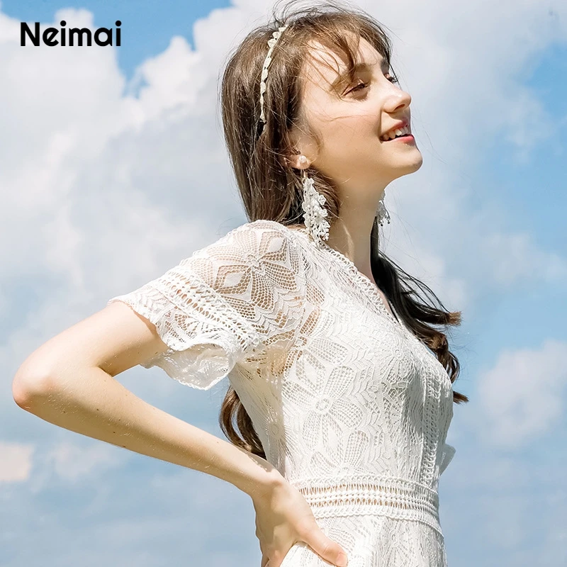 Neimai Summer Lace Beach Dress v Neck White Elegant Modis Korean Casual Vestido Midi New Arrival Sun Cute Ropa Mujer Elbise Jurk | Женская