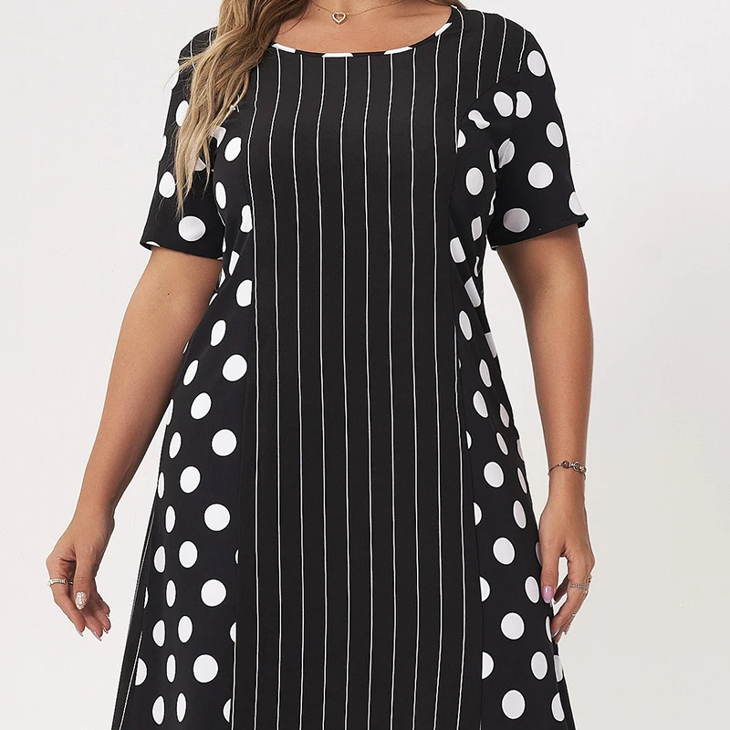 

Ladies Fashion Casual Polka-dot Color-blocking Long Round Neck Loose Dress 2021