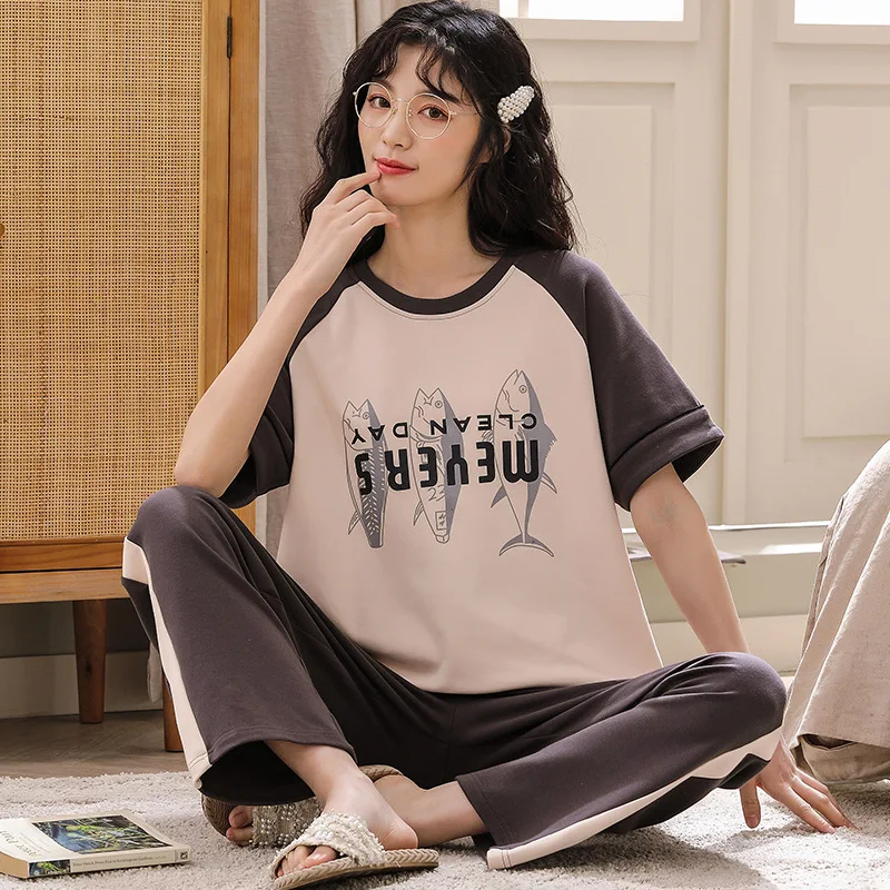 Pajamas Pure Cotton Women's Summer Nightwear Short Sleeve Trousers Simple Leisure Loose Large Size Household Clothes Sleepwear