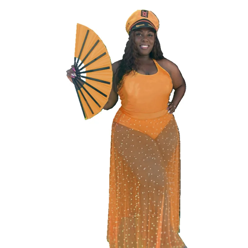 Conjunto de dos piezas de talla grande para mujer, mono sin mangas con cuello Halter, cintura alta, falda transparente