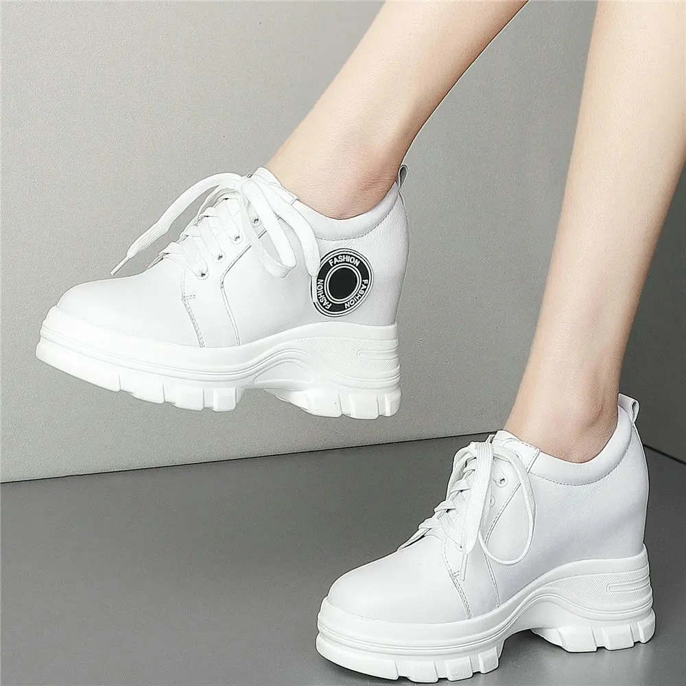 

10cm Chunky High Heels Pumps Women Lace Up Genuine Leather Platform Ankle Boots Female Round Toe Fashion Sneakers Casual Shoes