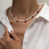 new korean handmade summer sweet red cherry fruits colorful beaded choker necklace for women girls bohemia beach holiday jewelry