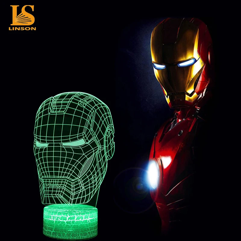 Marvel Мстители 3D иллюзия светодиодный светильник Железный человек Маска лампа