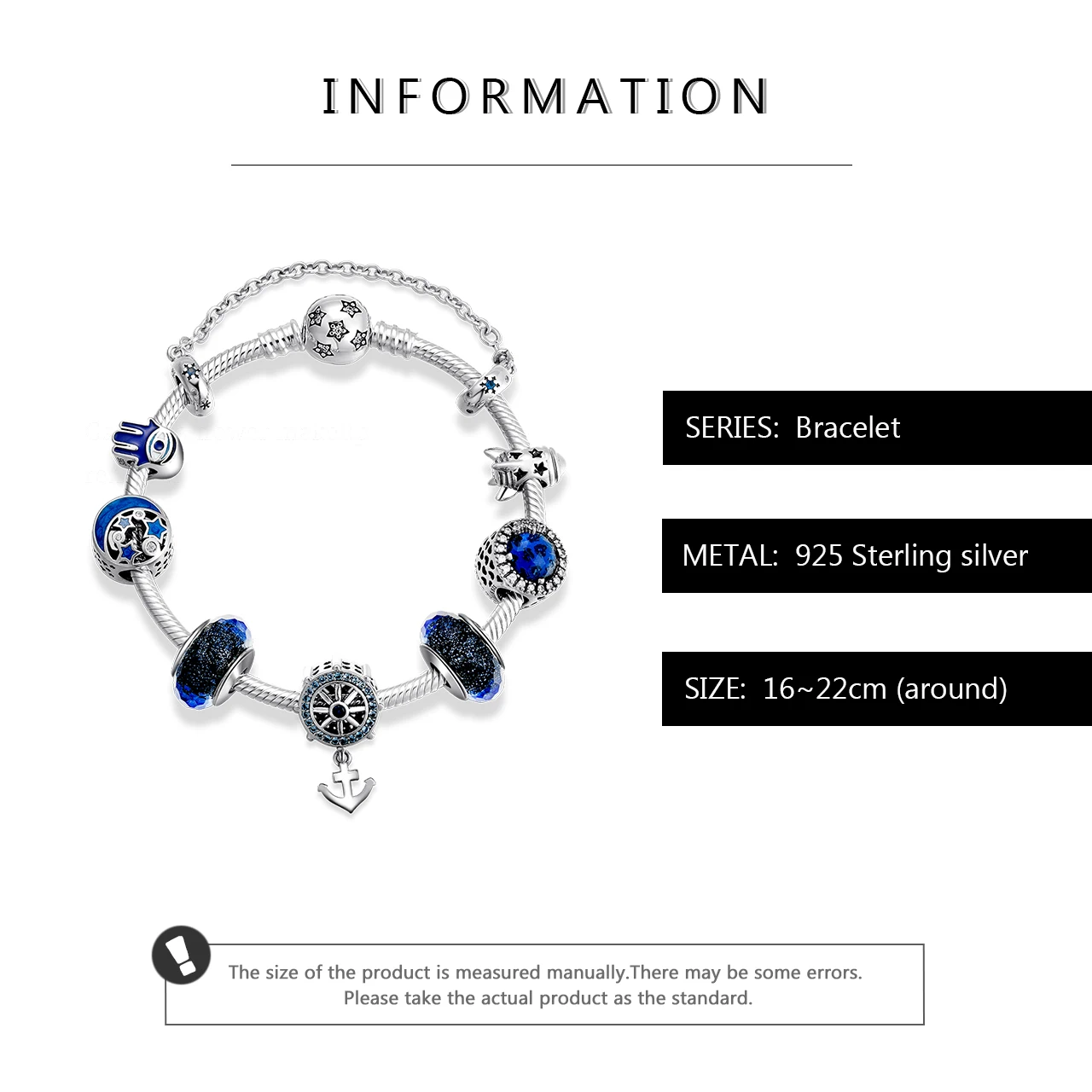Hot 925 Sterling Silver Bracelets for Women Anchor Blue Enamel Star Crystal Beads Charm Snake Chain Bracelet Party Jewelry Gift | Украшения