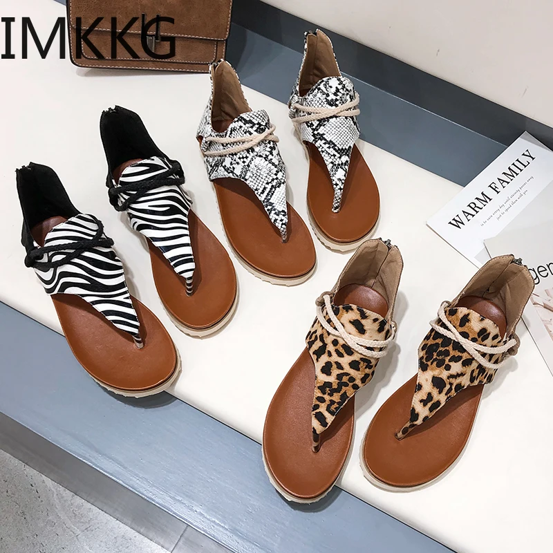 Сандалии женские с леопардовым принтом пляжная обувь кожаные