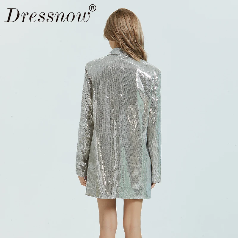 Dressnow Женский блейзер с блестками на весну и осень женское серебряное Свободное
