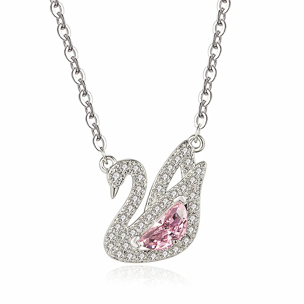 

Fashion Swan Pink Crystal Zircon Diamonds Gemstones Pendant Necklaces for Women Girl White Gold Color Choker Jewelry Party Gifts