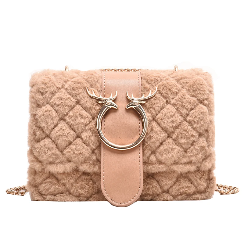 

orange Female Winter Soft Plush Fur Designer Handbag Deer Lock Chain Shoulder Bag sMessenger Crossbody Bags For Luxury Women