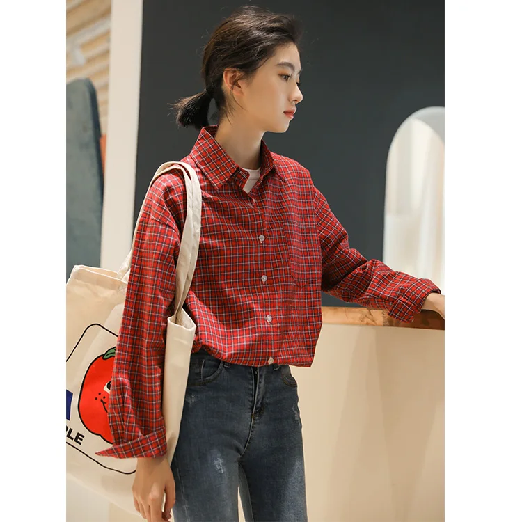 

New spring Vintage Plaid Shirt female Oversize Tops Women Long sleeve Girls Blouse Summer Plus Size Women Blouses femme Blusas