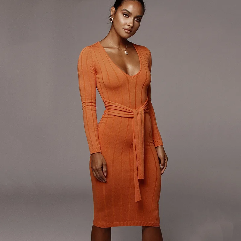 Платье Женское Повседневное Вязанное Белое С Длинным Рукавом Весна-Осень Черное