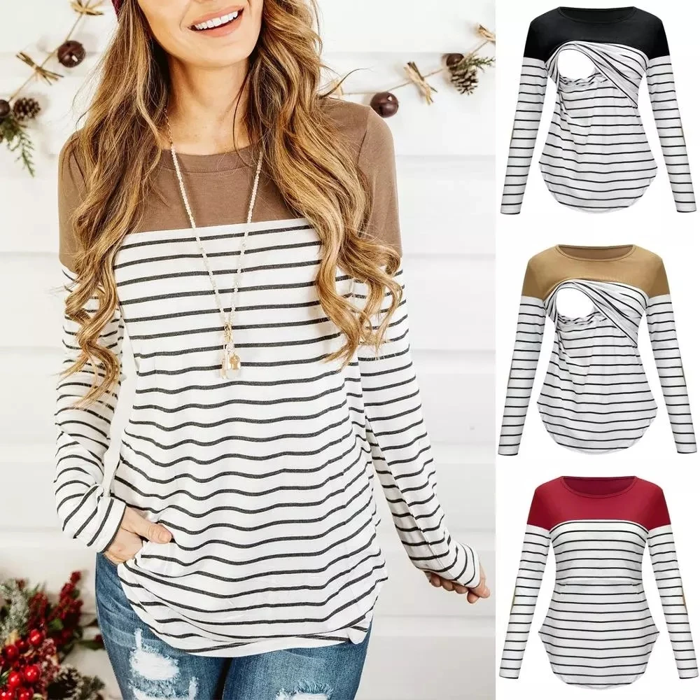 

Spring Womens Pregnant Maternity Clothes Nursing Tops Breastfeeding Fashion T-shirt Pregnancy Maternity Breastfeeding Striped